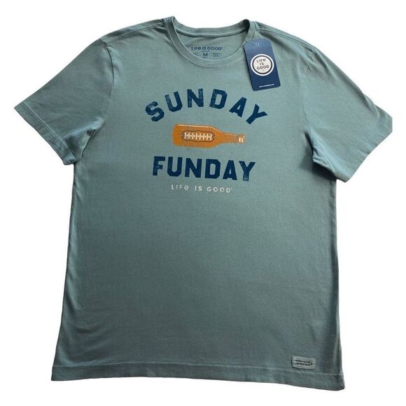 LIFE IS GOOD MEN’S MEDIUM Sunday Fun Day Print Logo Solid T-Shirt - Picture 1 of 8